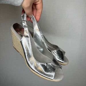 BCBG‎ Generation Silver Metallic Espadrille Wedge Slingback Sandals Size 9